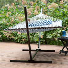 Load image into Gallery viewer, Blue White Meander Quilted 11-Ft Hammock with Sturdy Metal Stand