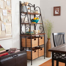 Load image into Gallery viewer, Durable Metal and Wood Bakers Rack with Classic Wicker Basket Storage