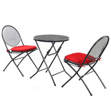 Load image into Gallery viewer, Folding 3-Piece Gray Steel Mesh Metal Patio Furniture Set with Red Cushions