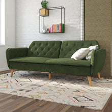 Load image into Gallery viewer, Memory Foam Futon Sofa Bed with Green Velvet Upholstery and Wood Legs