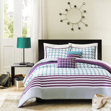 Load image into Gallery viewer, Full-Queen 5-Piece Comforter Set in Purple White Teal Circles &amp; Stripes