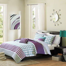 Load image into Gallery viewer, Full-Queen 5-Piece Comforter Set in Purple White Teal Circles &amp; Stripes