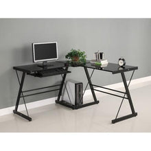 Load image into Gallery viewer, Black Metal L-Shaped Corner Computer Desk with Glass Top