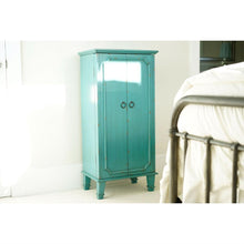 Load image into Gallery viewer, Vintage Turquoise Hand Painted Jewelry Armoire with Antique Drawer Pulls