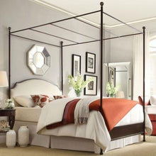 Load image into Gallery viewer, King size Metal Canopy Bed with White Cream Linen Upholstered Headboard