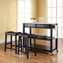 Load image into Gallery viewer, Natural Wood Top Kitchen Cart Island in Black with Saddle Stools