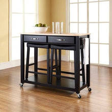 Load image into Gallery viewer, Natural Wood Top Kitchen Cart Island in Black with Saddle Stools