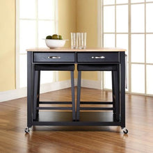 Load image into Gallery viewer, Natural Wood Top Kitchen Cart Island in Black with Saddle Stools