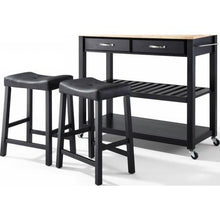 Load image into Gallery viewer, Natural Wood Top Kitchen Cart Island in Black with Saddle Stools
