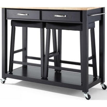 Load image into Gallery viewer, Natural Wood Top Kitchen Cart Island in Black with Saddle Stools