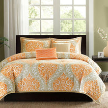 Load image into Gallery viewer, King size 5-Piece Comforter Set in Orange Damask Print