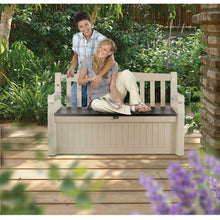 Load image into Gallery viewer, Patio Bench with Arm Rest and Storage Box in Beige Weather Resistant Resin