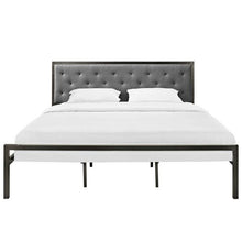 Load image into Gallery viewer, King size Modern Metal Platform Bed with Gray Button Tufted Headboard