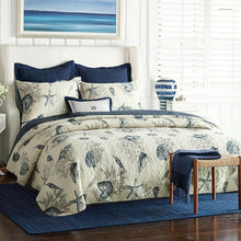 Load image into Gallery viewer, King size 3-Piece Bedspread Quilt Set in 100-Percent Cotton with Seashells Ocean Beach Nautical Pattern