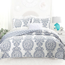 Load image into Gallery viewer, King 3-Piece Reversible Cotton Quilt Set with White Blue Floral Medallion Design