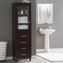 Load image into Gallery viewer, Espresso Wood Linen Tower Bathroom Storage Cabinet with Glass Paneled Door