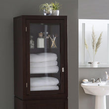 Load image into Gallery viewer, Espresso Wood Linen Tower Bathroom Storage Cabinet with Glass Paneled Door