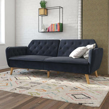 Load image into Gallery viewer, Memory Foam Blue Velvet Upholstered Futon Sofa Bed with Mid-Century Style Wood Legs