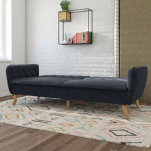 Load image into Gallery viewer, Memory Foam Blue Velvet Upholstered Futon Sofa Bed with Mid-Century Style Wood Legs
