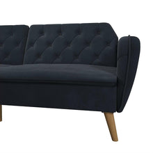 Load image into Gallery viewer, Memory Foam Blue Velvet Upholstered Futon Sofa Bed with Mid-Century Style Wood Legs