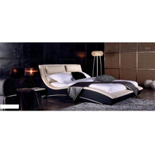 Load image into Gallery viewer, Queen size Modern Curvy Upholstered Platform Bed with Headboard in Cream Black Faux Leather