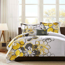 Load image into Gallery viewer, Queen size 4-Piece Comforter Set with Yellow Grey Floral Pattern