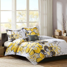 Load image into Gallery viewer, Queen size 4-Piece Comforter Set with Yellow Grey Floral Pattern