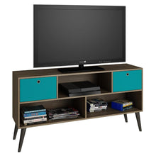 Load image into Gallery viewer, Modern Classic Mid-Century TV Stand Entertainment Center in Oak Aqua Grey Wood Finish