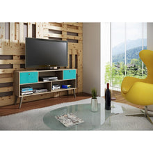Load image into Gallery viewer, Modern Classic Mid-Century TV Stand Entertainment Center in Oak Aqua Grey Wood Finish