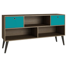 Load image into Gallery viewer, Modern Classic Mid-Century TV Stand Entertainment Center in Oak Aqua Grey Wood Finish