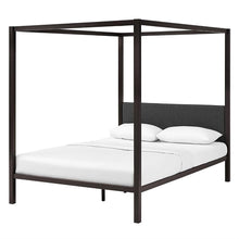 Load image into Gallery viewer, Queen size Brown Metal Canopy Bed Frame with Grey Upholstered Headboard