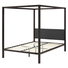 Load image into Gallery viewer, Queen size Brown Metal Canopy Bed Frame with Grey Upholstered Headboard