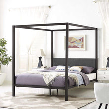 Load image into Gallery viewer, Queen size Brown Metal Canopy Bed Frame with Grey Upholstered Headboard