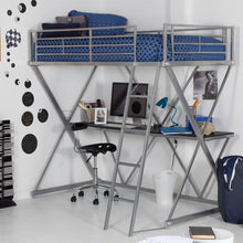 Load image into Gallery viewer, Modern Bunk Bed style Twin Loft Bed with Desk in Silver Metal Finish