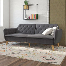 Load image into Gallery viewer, Memory Foam Futon Sofa Bed with Grey Velvet Upholstery and Wooden Legs