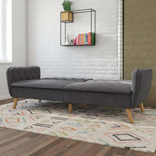 Load image into Gallery viewer, Memory Foam Futon Sofa Bed with Grey Velvet Upholstery and Wooden Legs