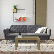 Load image into Gallery viewer, Memory Foam Futon Sofa Bed with Grey Velvet Upholstery and Wooden Legs