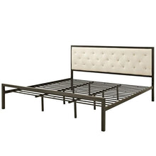 Load image into Gallery viewer, King size Modern Metal Platform Bed Frame with Beige Upholstered Headboard