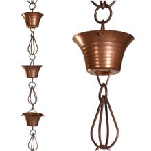 Load image into Gallery viewer, Pure Copper 8.5-Ft Rain Chain with 10 Round Cups and Teardrop Chain-Links