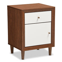 Load image into Gallery viewer, Modern Mid Century Style End Table Nightstand in White and Walnut Finish
