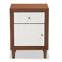 Load image into Gallery viewer, Modern Mid Century Style End Table Nightstand in White and Walnut Finish