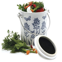 Load image into Gallery viewer, 3-Quart Ceramic Compost Keeper with Floral butterfly Design