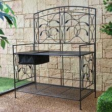 Load image into Gallery viewer, Black Metal Potting Bench with Wrought Iron Vine Details and Fabric Potting Sink