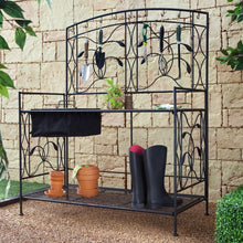 Load image into Gallery viewer, Black Metal Potting Bench with Wrought Iron Vine Details and Fabric Potting Sink