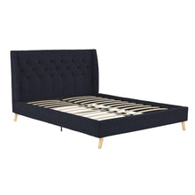 Load image into Gallery viewer, Queen Navy Blue Linen Upholstered Mid-Century Platform Bed with Wingback Headboard