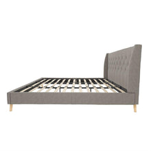 Load image into Gallery viewer, King Grey Linen Upholstered Wing-Back Platform Bed Mid-Century Style