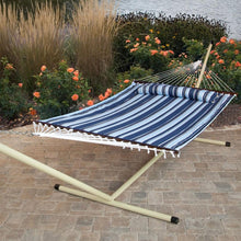 Load image into Gallery viewer, Blue Navy Stripe Quilted 13-Ft Hammock with Heavy Duty Bronze Metal Stand