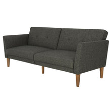 Load image into Gallery viewer, Mid-Century Style Grey Linen Upholstered Futon Sofa Bed with Wooden Legs