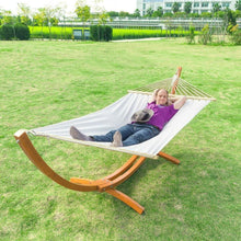 Load image into Gallery viewer, White Cotton Polyester Hammock with 10.5 Ft Crescent Wood Stand