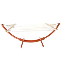Load image into Gallery viewer, White Cotton Polyester Hammock with 10.5 Ft Crescent Wood Stand